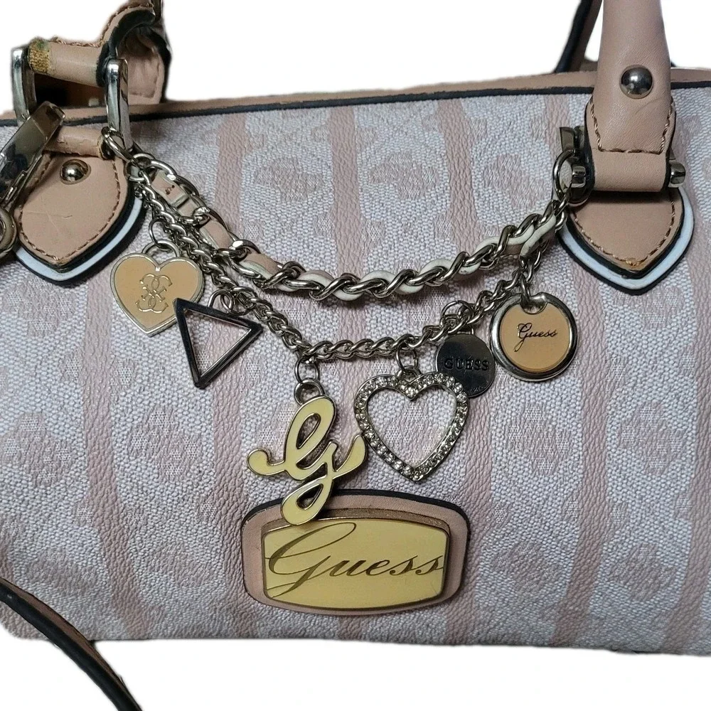 GUESS Y2K Jasleen Box Satchel Doctor Purse Monogram Pink Crossbody Handbag Charm